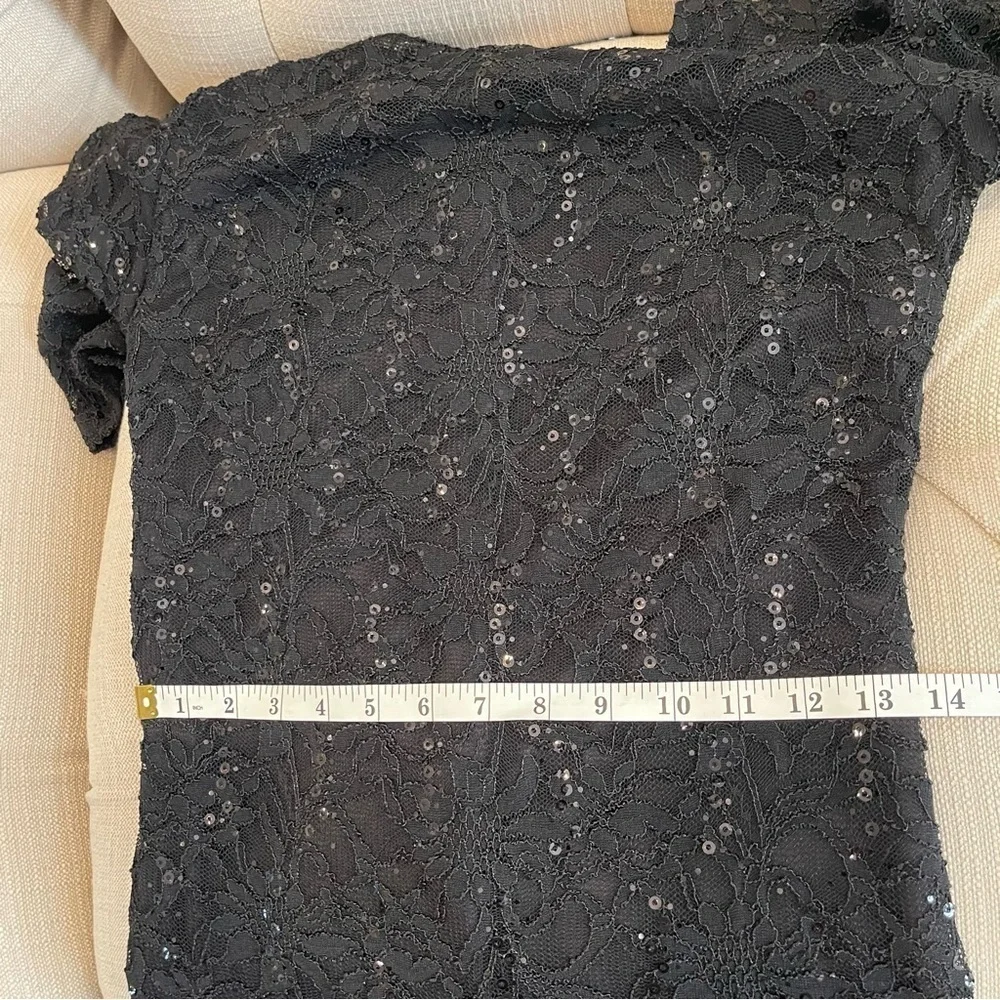 Marina Sequin Lace Sheath Dress Sz 12 Black 3/4 Sleeve Stretchy Evening Dress